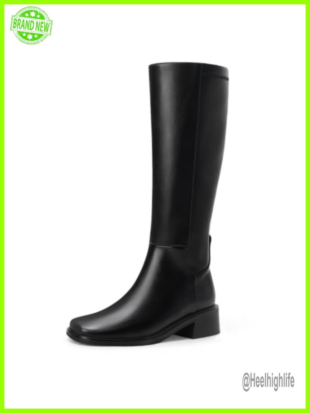 Knee High Boots Square Toe Low Block Heel Side Zip Faux Leather Riding Boots